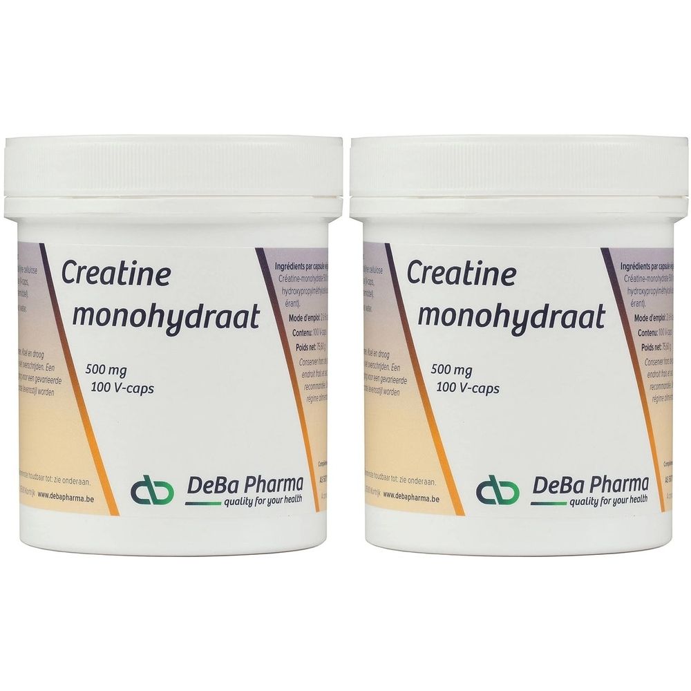 Deux pots blancs avec "Creatine monohydraat". Logo DeBa Pharma. 500 mg, 100 V-caps.
