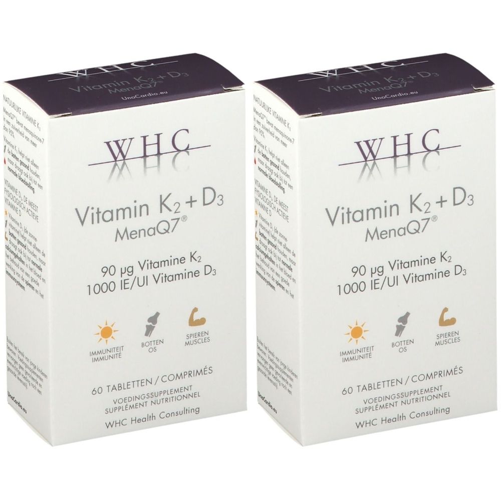 Deux boîtes blanches avec l'inscription Vitamine K2 + D3 MenaQ7. Contient 60 comprimés. Marque WHC.