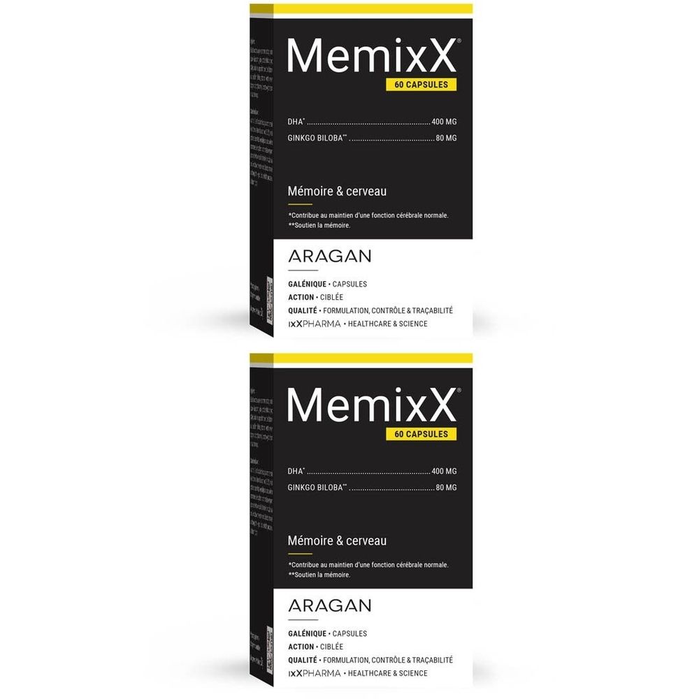 Deux boîtes MemixX. Emballage noir avec texte blanc. Contient 60 capsules. Inscription: DHA, Ginkgo biloba.