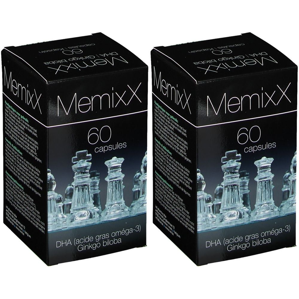 Deux boîtes MemixX. Emballage noir avec texte blanc. Contient 60 capsules. Inscription: DHA, Ginkgo biloba.
