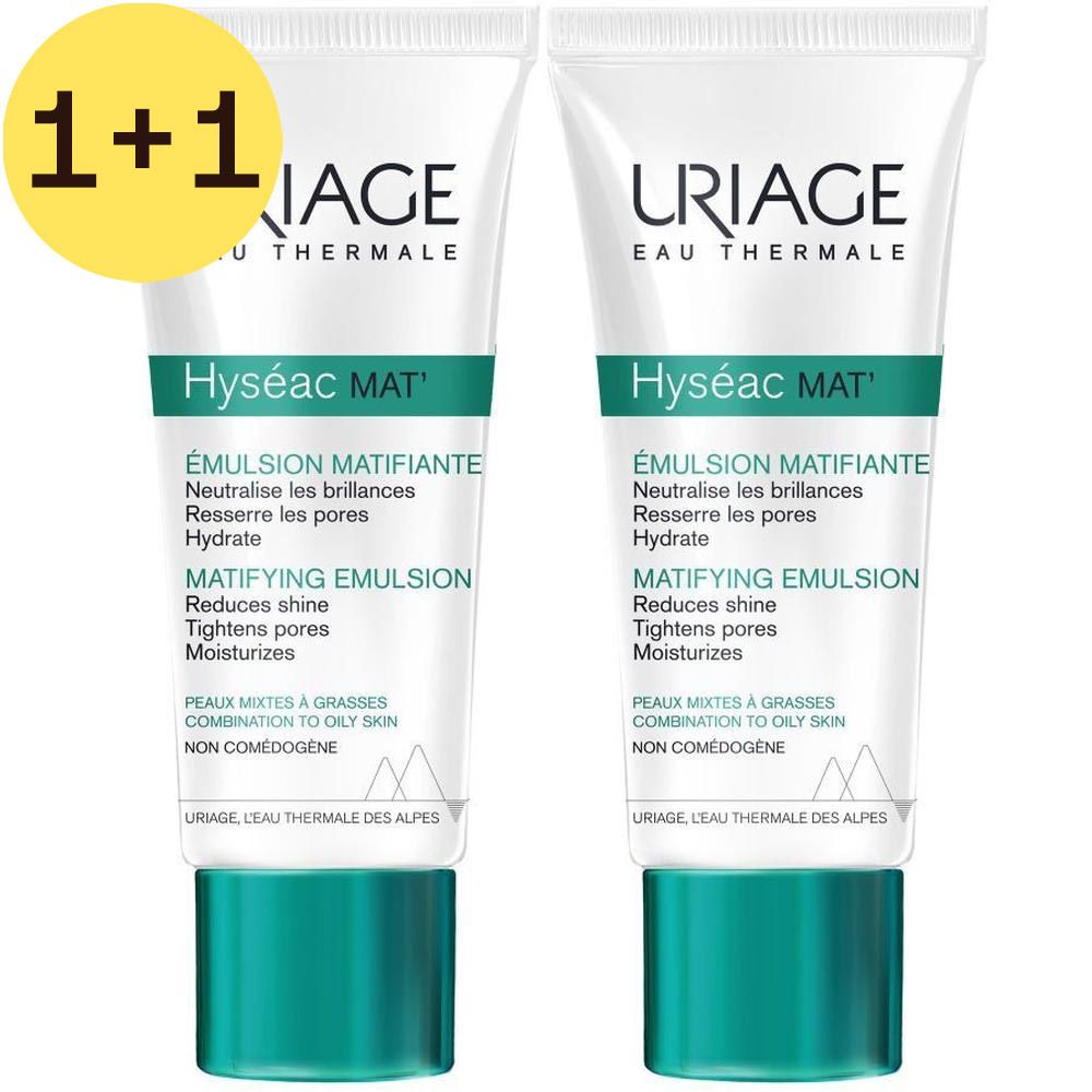 Deux tubes Uriage Hyséac Mat. Tubes blancs avec bouchon vert. Texte : Hyséac Mat, Gel-crème matifiant.