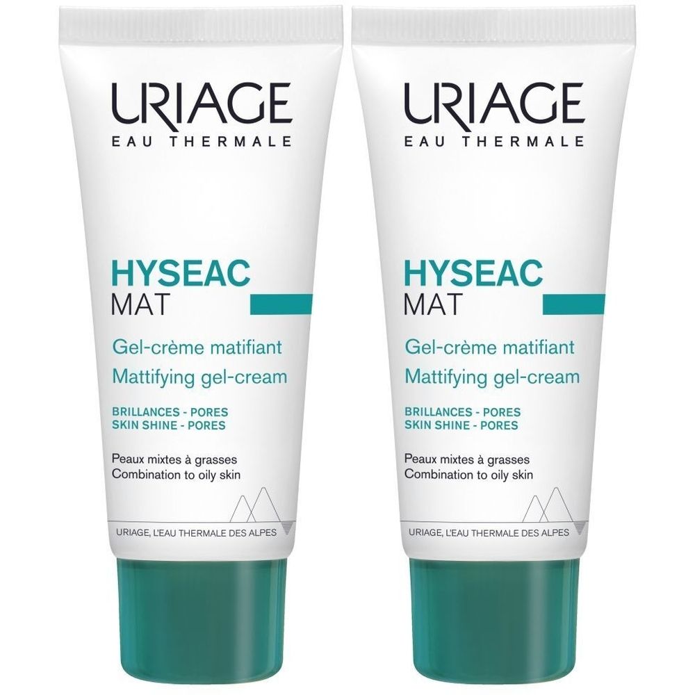 Deux tubes Uriage Hyséac Mat. Tubes blancs avec bouchon vert. Texte : Hyséac Mat, Gel-crème matifiant.