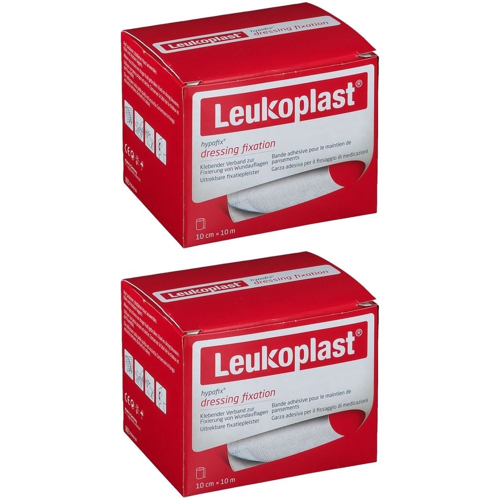 Deux boîtes rouges Leukoplast® Hypafix. Inscription Leukoplast®, dressing fixation. 10 cm x 10 m.