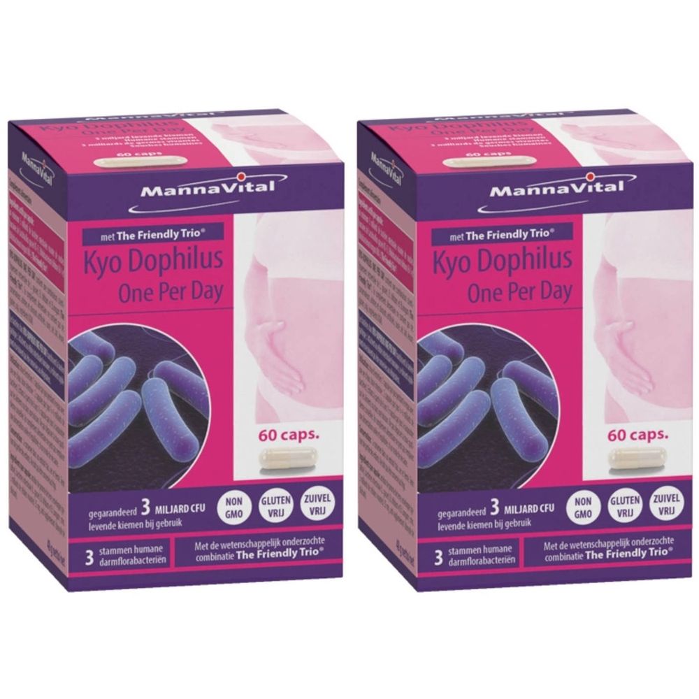Deux boîtes de Kyo Dophilus. Emballage rose et blanc avec nom et logo du produit. Contient 60 gélules. Contient 3 milliards d'UFC.