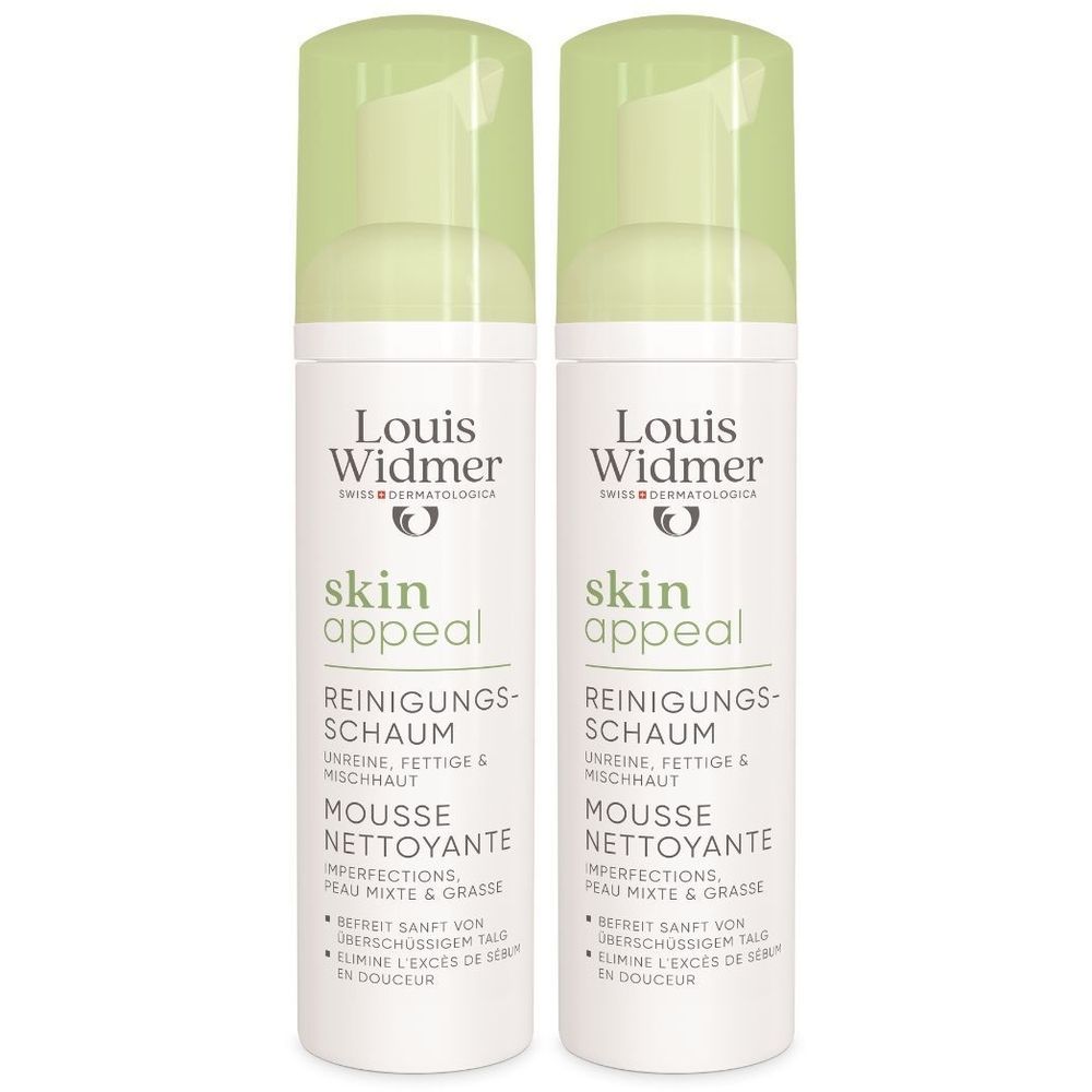 Deux flacons de mousse nettoyante Louis Widmer Skin Appeal. Flacons blancs, bouchons verts. Texte: Skin Appeal, Mousse Nettoyante.