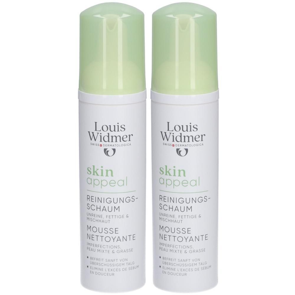 Deux flacons de mousse nettoyante Louis Widmer Skin Appeal. Flacons blancs, bouchons verts. Texte: Skin Appeal, Mousse Nettoyante.