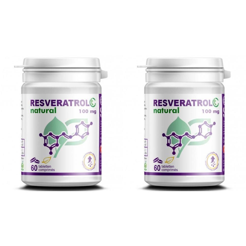 Deux flacons blancs avec étiquette. Inscription: Resveratrol C, 100 mg, natural. 60 comprimés. Logo vert-violet.