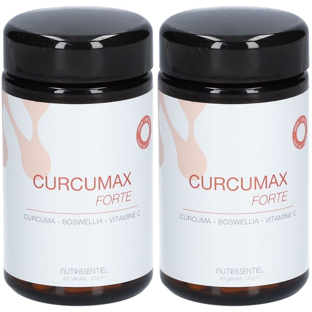 Deux flacons avec couvercles noirs et étiquettes blanches. L'étiquette indique "CURCUMAX FORTE" et "NUTRISSENTIEL".