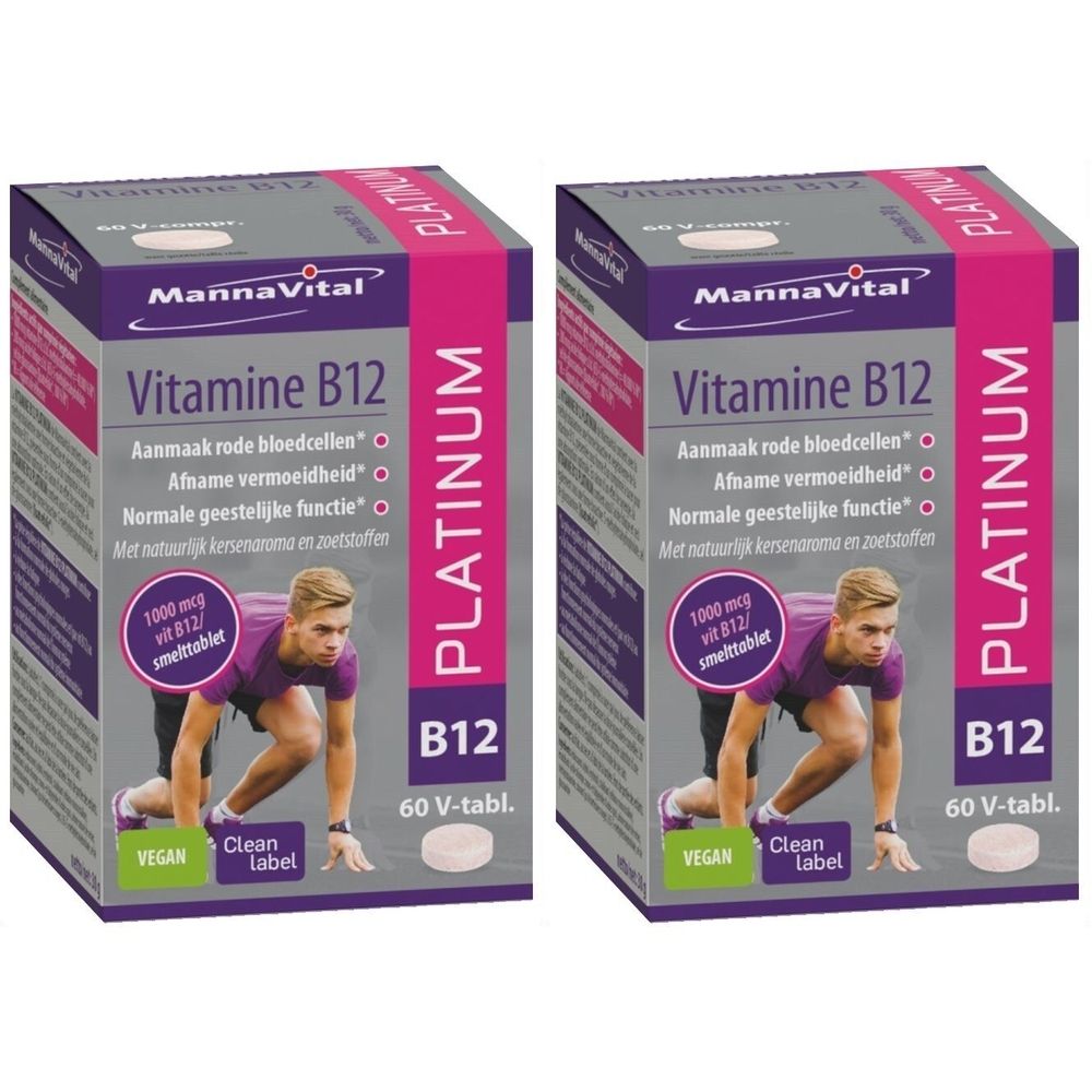 Deux boîtes rectangulaires de Mannavital Vitamine B12 Platinum. Inscriptions : B12, 60 V-tabl., Vegan, Clean Label. Illustration d'un homme.