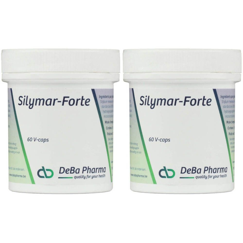 Deux pots blancs avec l'inscription "Silymar-Forte" et "60 V-caps". Logo DeBa Pharma.
