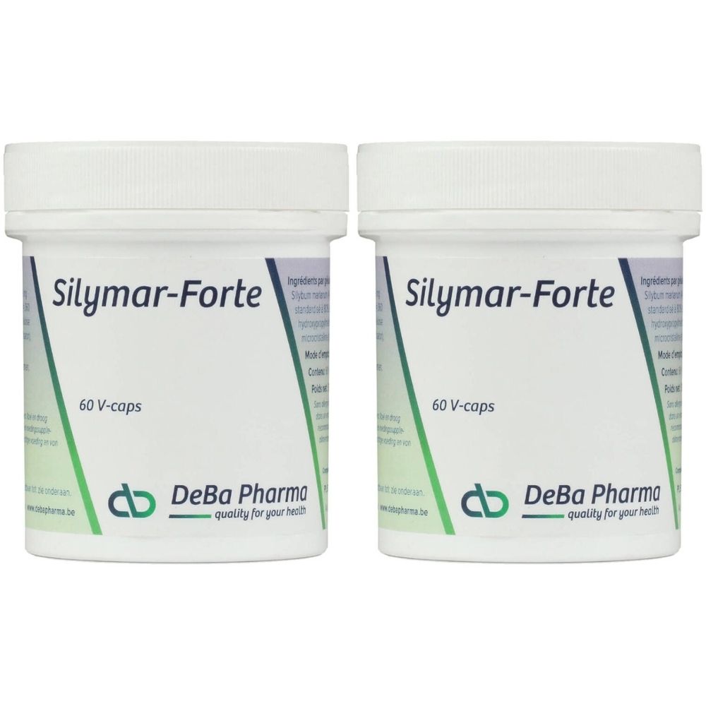 Deux pots blancs avec l'inscription "Silymar-Forte" et "60 V-caps". Logo DeBa Pharma.