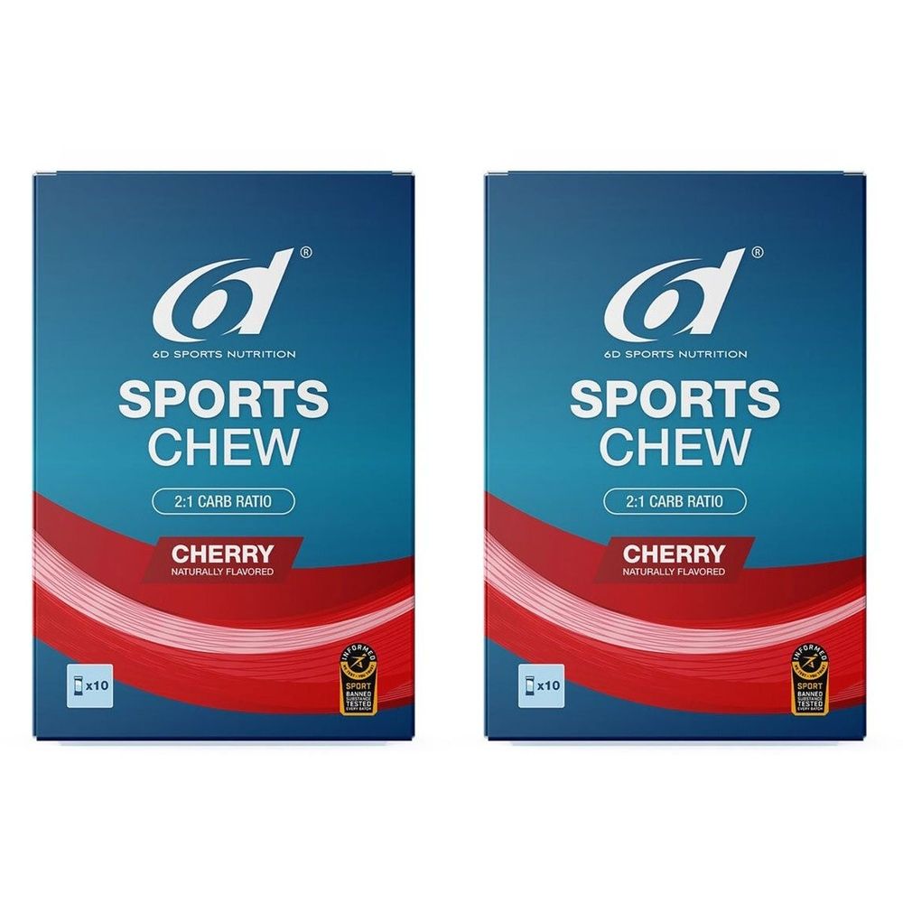 Deux boîtes bleues "6d Sports Chew Cherry". Inscription : SPORTS CHEW, 2:1 Carb Ratio, Cherry. Avec logo et certification.