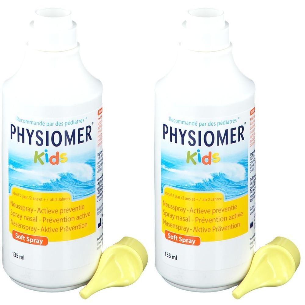 Deux flacons blancs PHYSIOMER Kids avec embouts jaunes. Texte : « Soft Spray » et « 135 ml ».