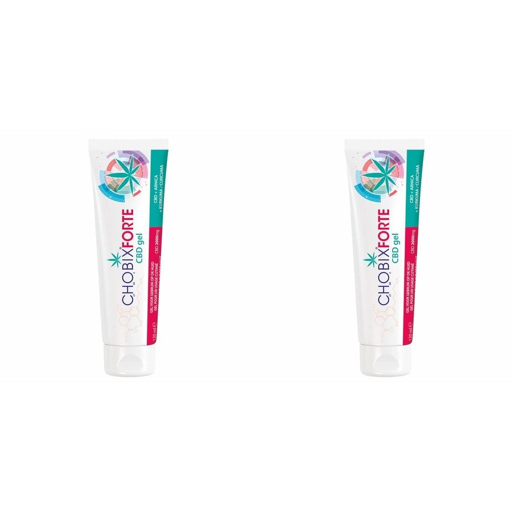 Deux tubes de gel CBD Chobix Forte. Tubes blancs avec bouchon rouge. Inscription: CBD, logo, ingrédients.