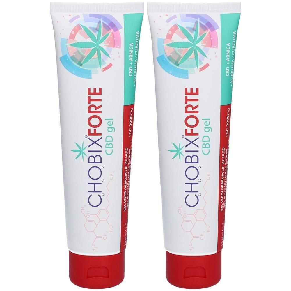 Deux tubes de gel CBD Chobix Forte. Tubes blancs avec bouchon rouge. Inscription: CBD, logo, ingrédients.