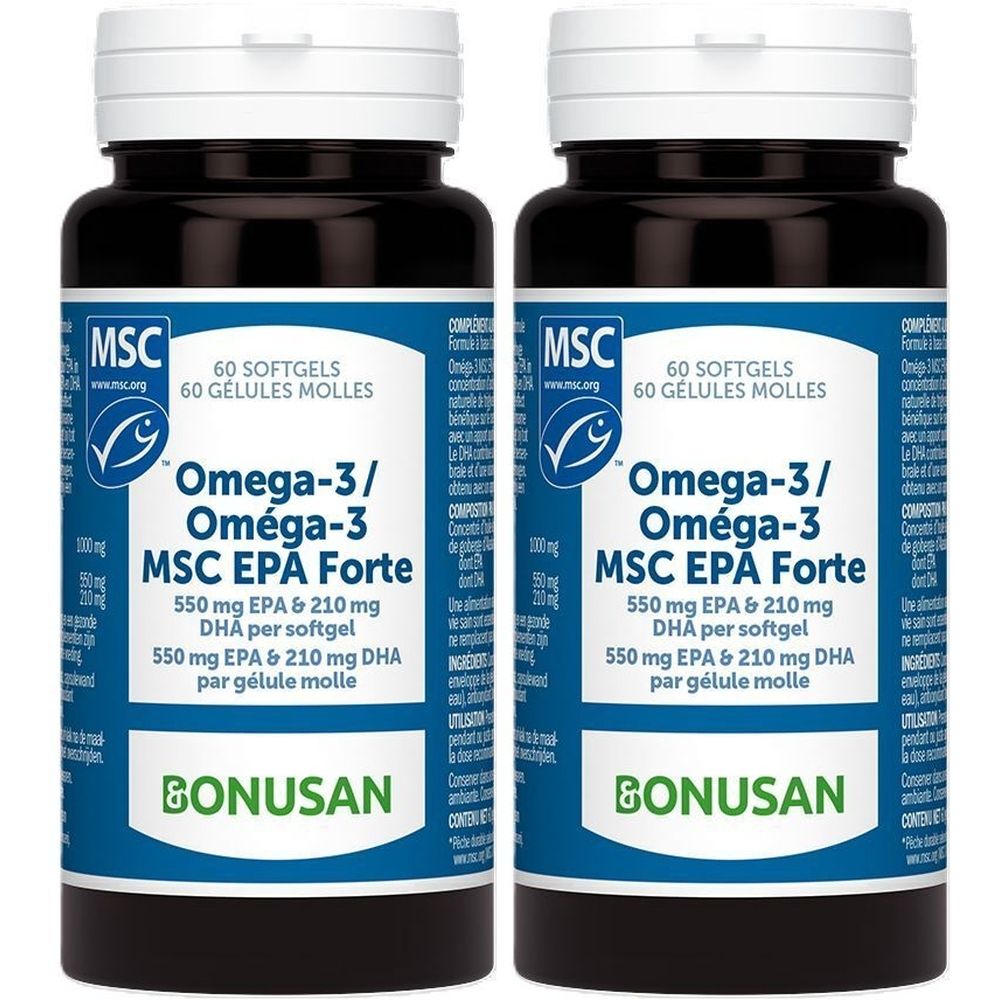Deux flacons d'Omega-3 MSC EPA Forte. Flacons noirs avec couvercles blancs et étiquettes bleues. Texte: BONUSAN, MSC, 60 gélules molles.