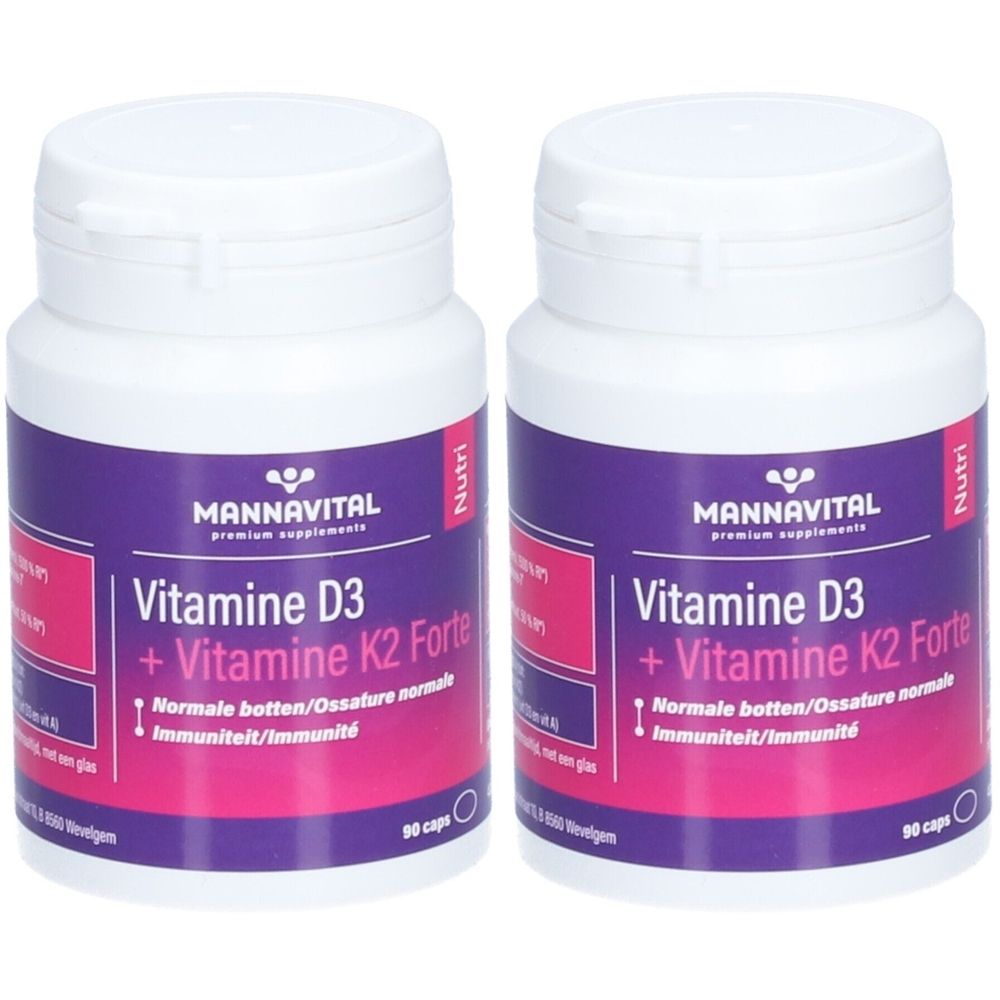 Deux flacons blancs avec étiquettes violettes. Inscription: Mannavital Vitamine D3 + K2 Forte. 90 capsules.
