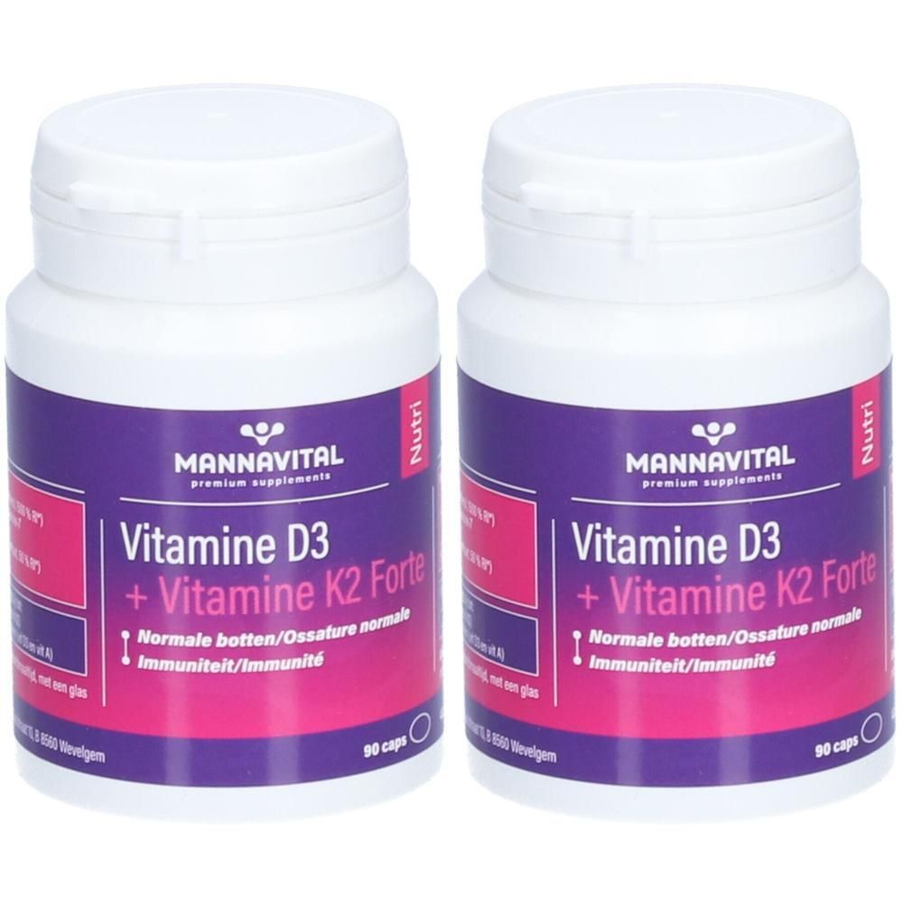 Deux flacons blancs avec étiquettes violettes. Inscription: Mannavital Vitamine D3 + K2 Forte. 90 capsules.