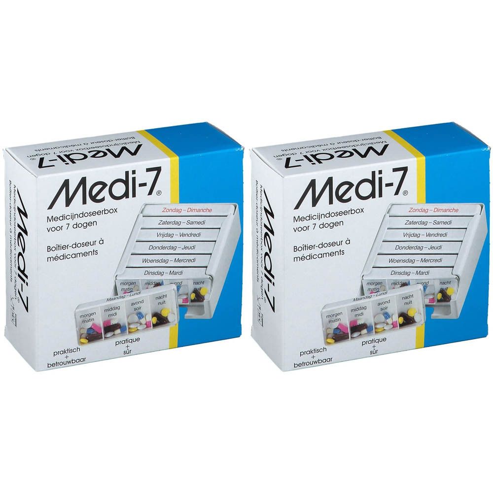 Deux boîtes de piluliers Medi-7. Emballage bleu et blanc avec piluliers hebdomadaires. Texte : Medi-7, boîte de dosage de médicaments.