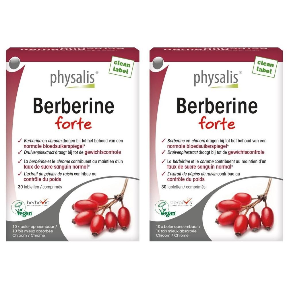Deux boîtes de PHYSALIS Berberine Forte. Emballage rouge et blanc avec nom du produit et informations. Label végétalien.