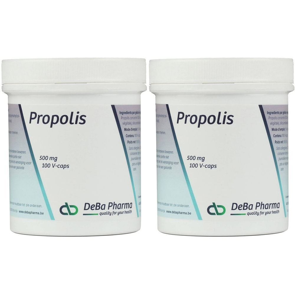 Deux pots blancs avec l'inscription "Propolis 500 mg 100 V-caps". Logo Deba Pharma visible.
