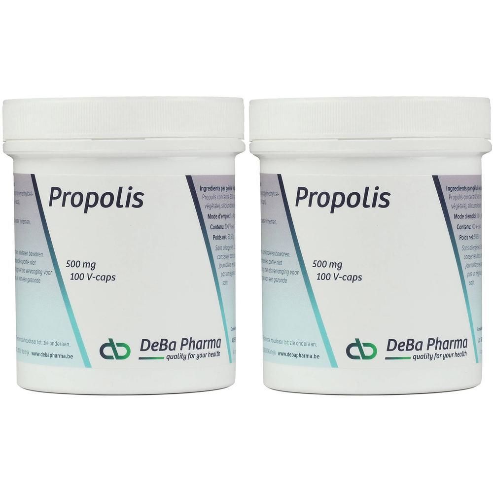 Deux pots blancs avec l'inscription "Propolis 500 mg 100 V-caps". Logo Deba Pharma visible.