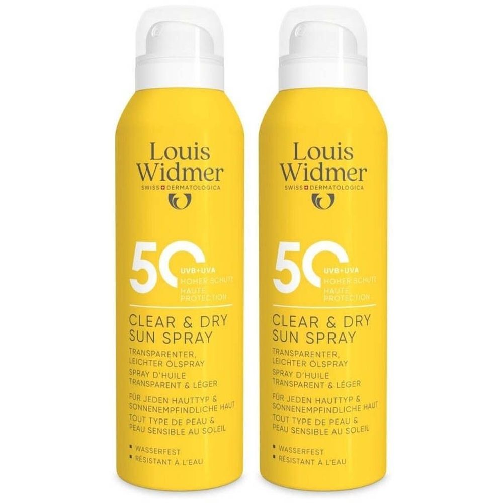Deux sprays jaunes avec bouchons blancs. Inscription: Louis Widmer, 50, Clear & Dry Sun Spray. Pour peau sensible au soleil.