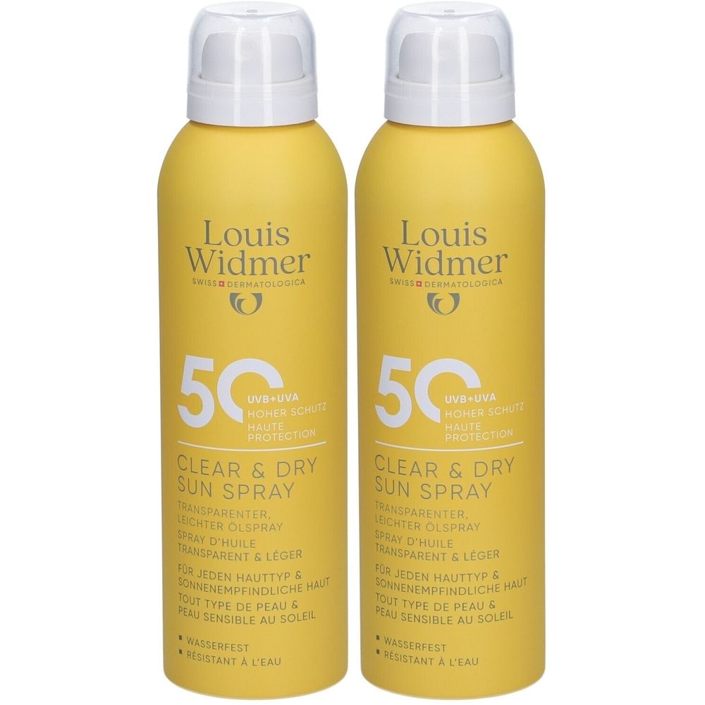 Deux sprays jaunes avec bouchons blancs. Inscription: Louis Widmer, 50, Clear & Dry Sun Spray. Pour peau sensible au soleil.