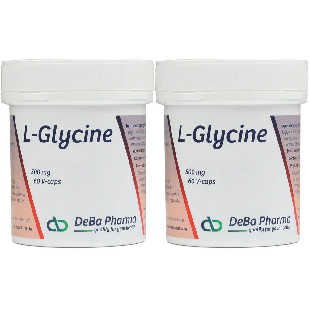 Deux pots blancs avec couvercles. Inscription : L-Glycine 500 mg, 60 V-caps. Logo DeBa Pharma.