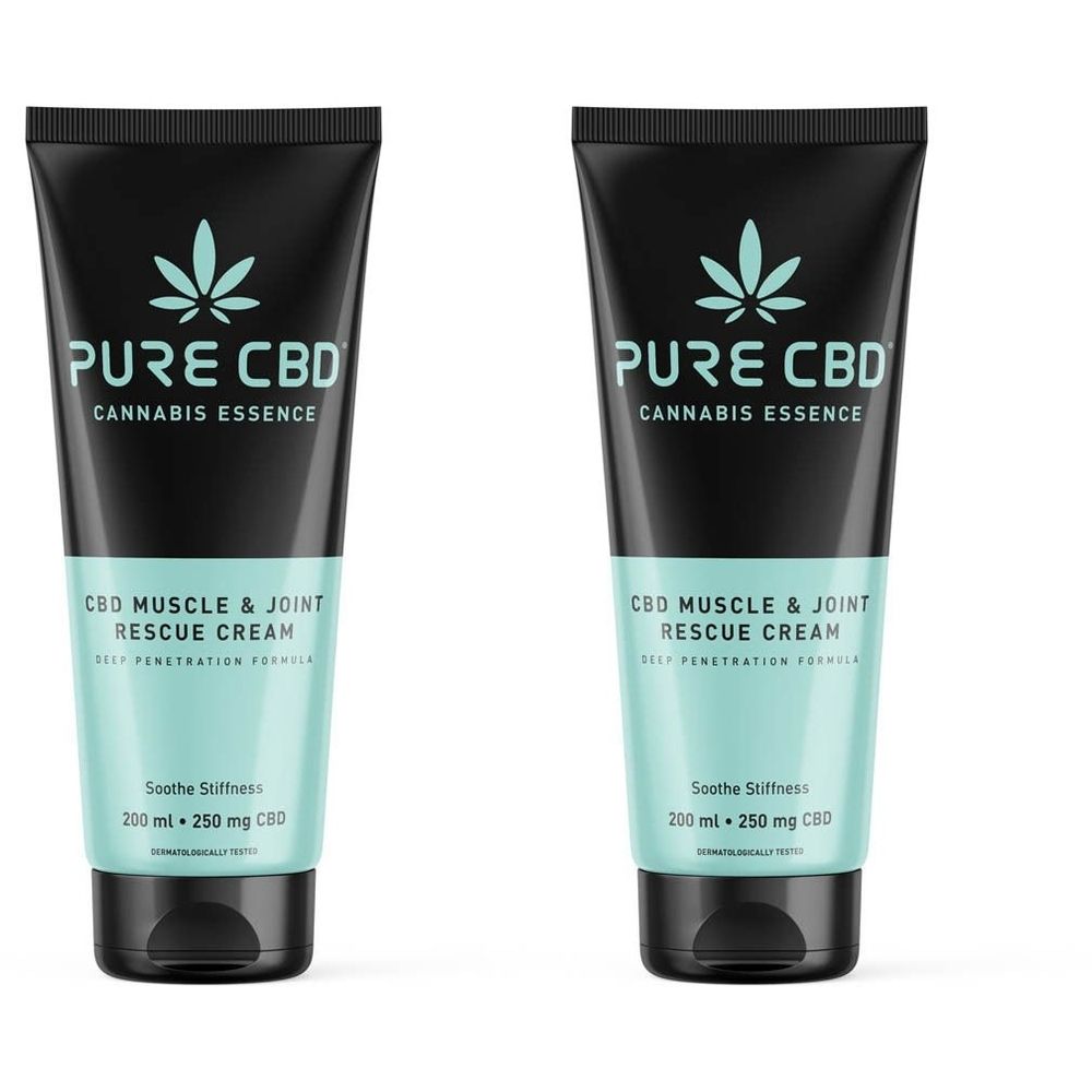 Deux tubes de crème Pure CBD® Muscles & Articulations Rescue. Tubes noirs avec étiquette turquoise. Texte: Pure CBD, 200 ml, 250 mg CBD.