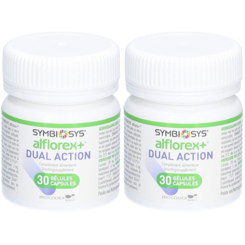 Deux flacons blancs SYMBIOSYS Alflorex+ Dual Action. Chaque flacon contient 30 gélules. Étiquettes vertes et blanches avec informations.