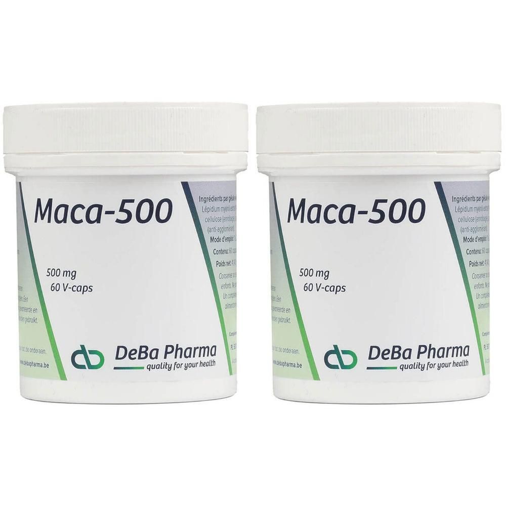 Deux pots blancs avec l'inscription "Maca-500". Contient 500 mg et 60 V-capsules. Marque : DeBa Pharma.