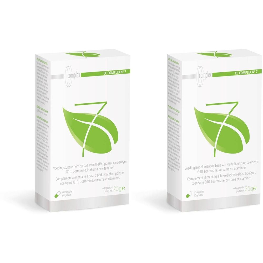 Deux boîtes blanches avec logo feuille verte et texte. Inscription: CC Complex n° 7. Contient des compléments alimentaires.