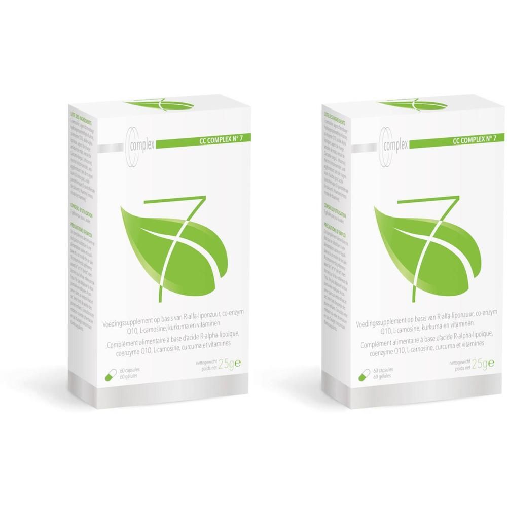 Deux boîtes blanches avec logo feuille verte et texte. Inscription: CC Complex n° 7. Contient des compléments alimentaires.