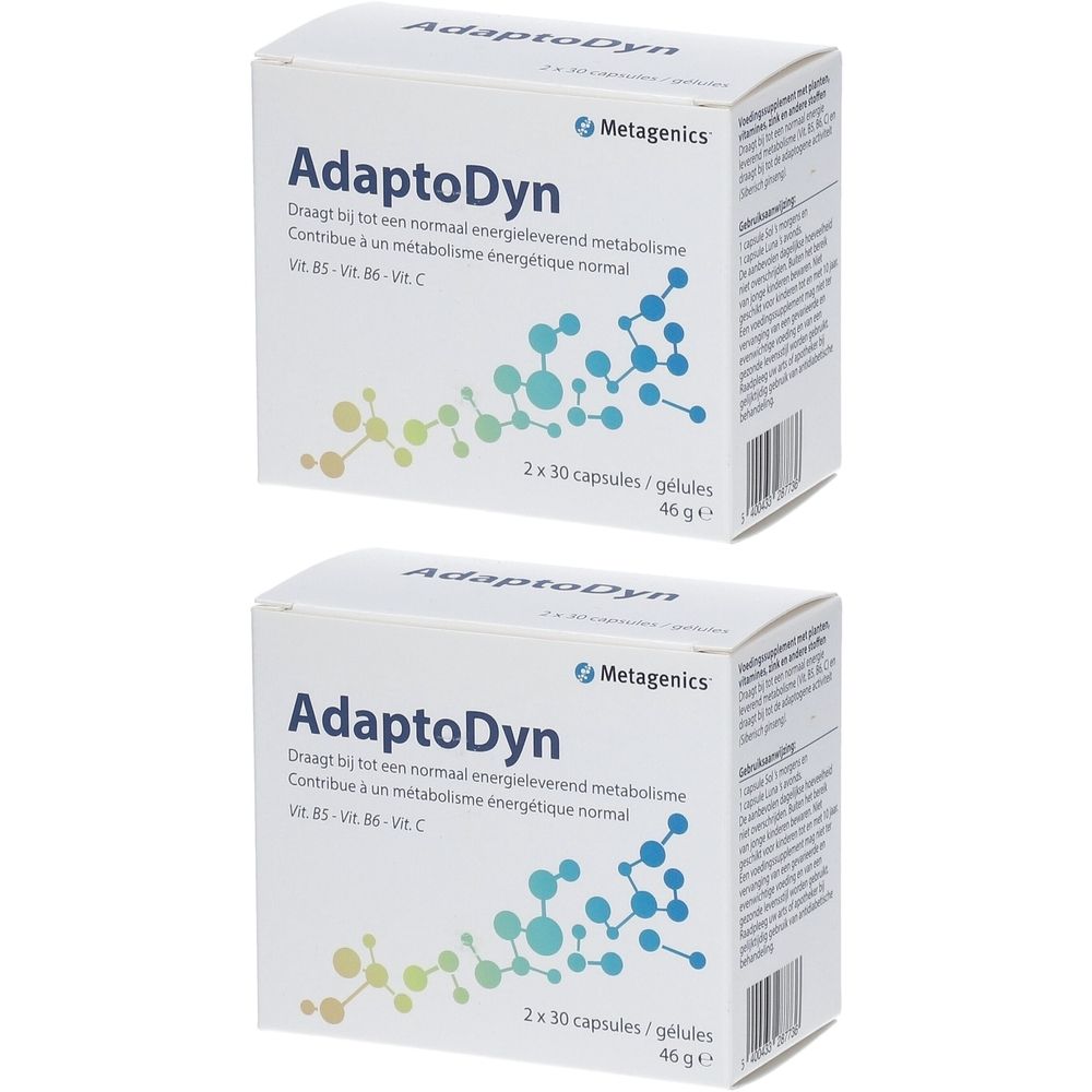 Deux boîtes de Metagenics AdaptoDyn. Emballage blanc avec nom du produit et éléments graphiques. Contient des gélules.