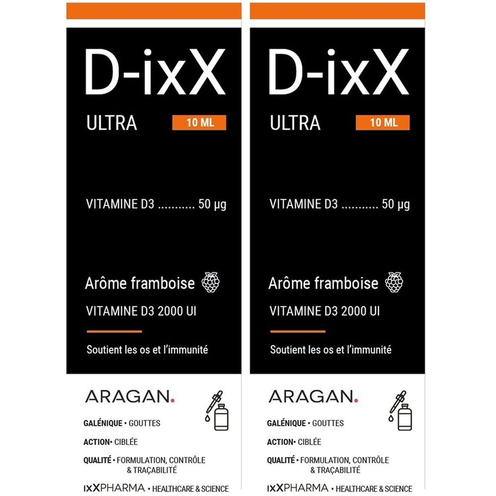 Deux emballages avec logo blanc "D-ixX ULTRA". Texte : Vitamine D3, 50 µg, Arôme framboise, 2000 UI. Marque ARAGAN.