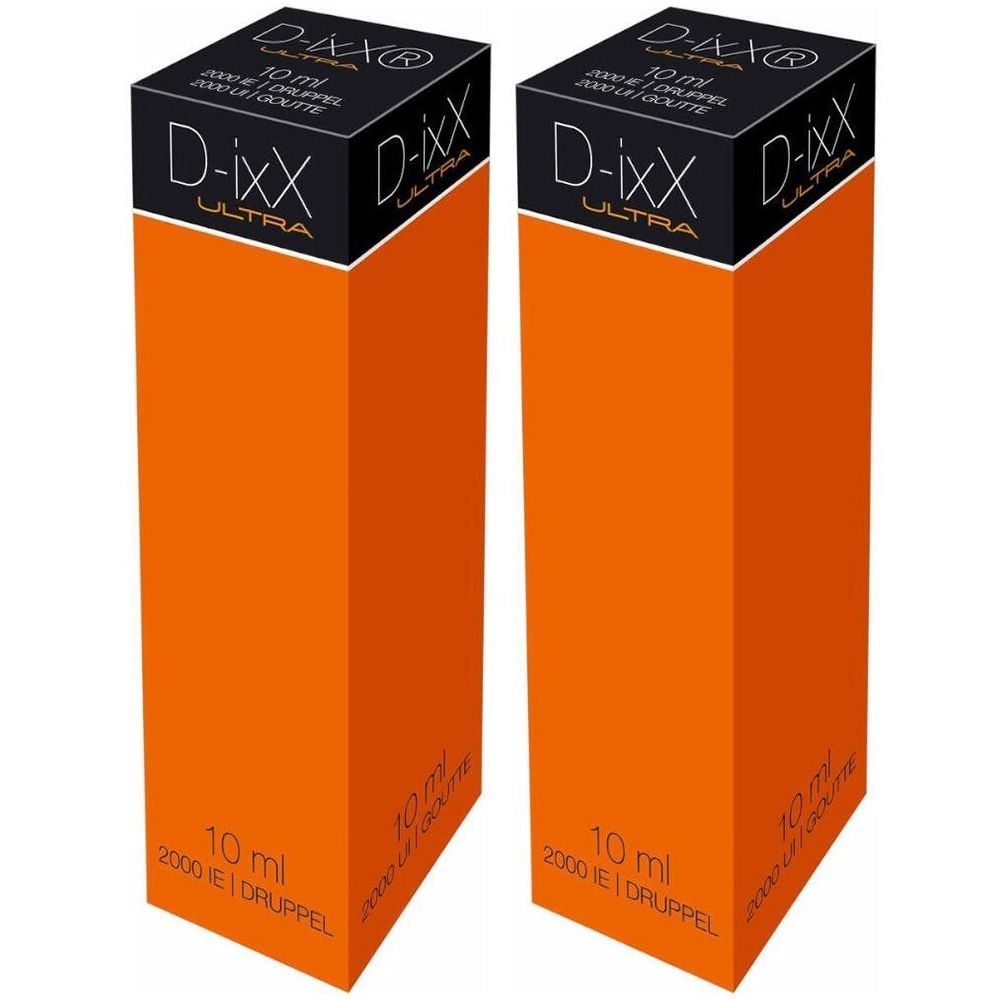 Deux boîtes orange. Dessus noir avec logo blanc "D-ixX ULTRA". Texte : 10 ml, 2000 UI/goutte.