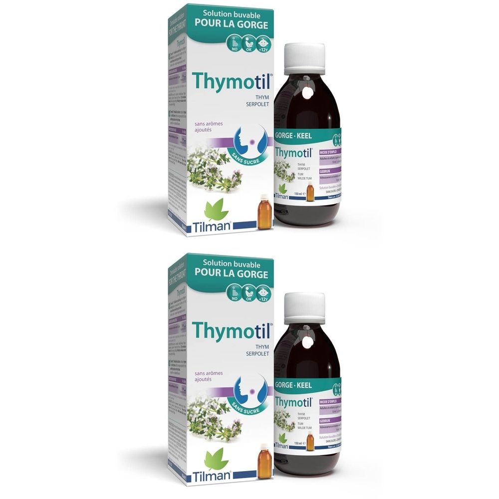 Deux flacons et boîtes de Thymotil. Flacons avec liquide brun, bouchons blancs. Boîtes avec nom et logo du produit.