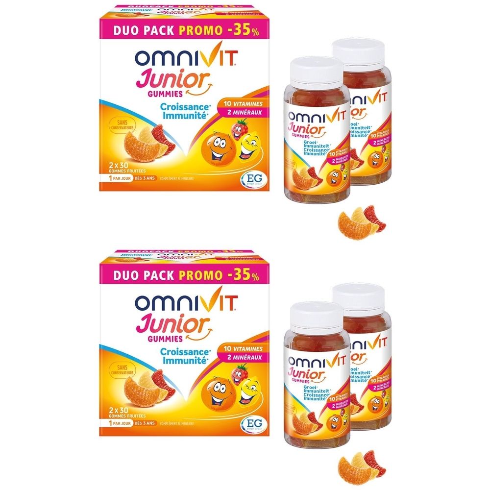 Deux boîtes Omnivit Junior Gummies. Duo-pack -35%. Inscription: 10 vitamines, 2 minéraux. Bonbons gélifiés et fruits.