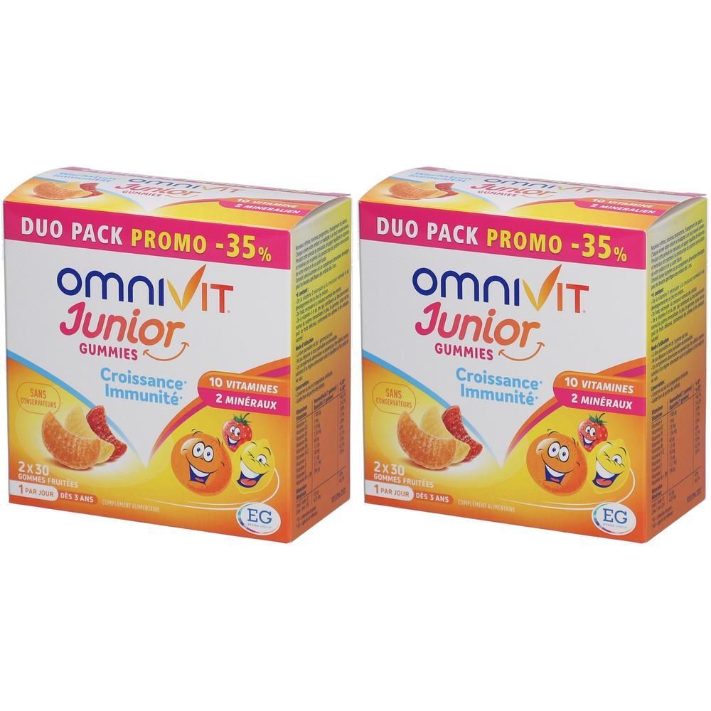 Deux boîtes Omnivit Junior Gummies. Duo-pack -35%. Inscription: 10 vitamines, 2 minéraux. Représentation de bonbons gélifiés et fruits.