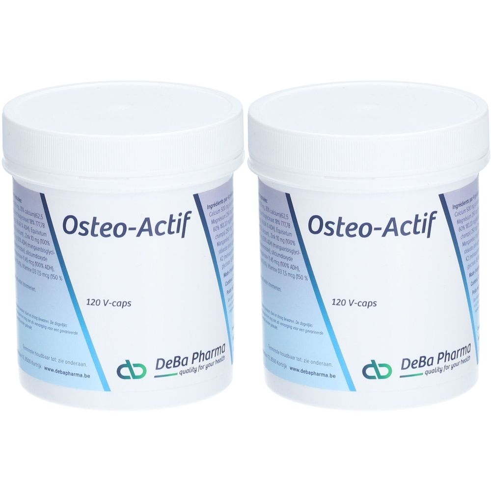 Deux pots blancs avec couvercles. Inscription "Osteo-Actif" et "120 V-caps". Logo et texte "DeBa Pharma".