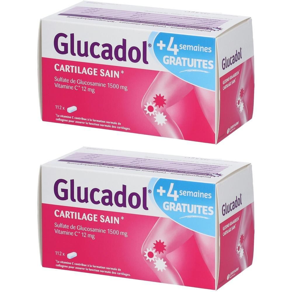 Deux boîtes de Glucadol. Inscription: Cartilage Sain, Sulfate de Glucosamine 1500 mg, Vitamine C 12 mg. Plus 4 semaines gratuites.