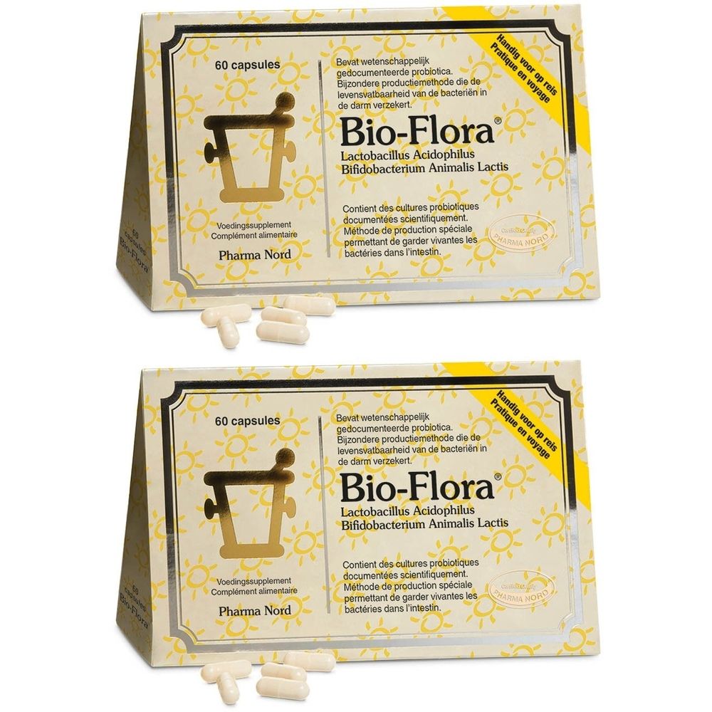 Deux boîtes de Bio-Flora, 60 gélules, avec gélules. Emballage jaune. Pharma Nord.