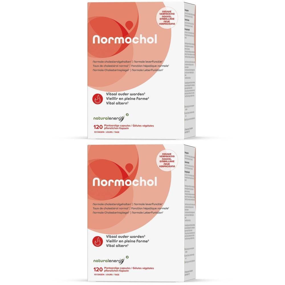 Deux boîtes de NORMOCHOL. Boîtes blanches avec logo et texte rouges. Contient 120 gélules. Logo naturale energie.