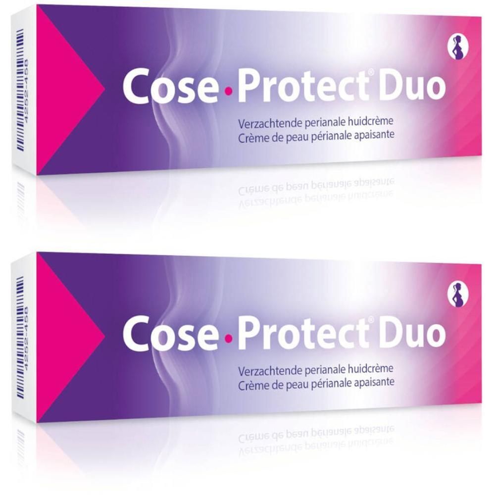 Deux boîtes de Cose-Protect Duo. Emballage violet et blanc avec nom et texte du produit. Crème pour la peau.