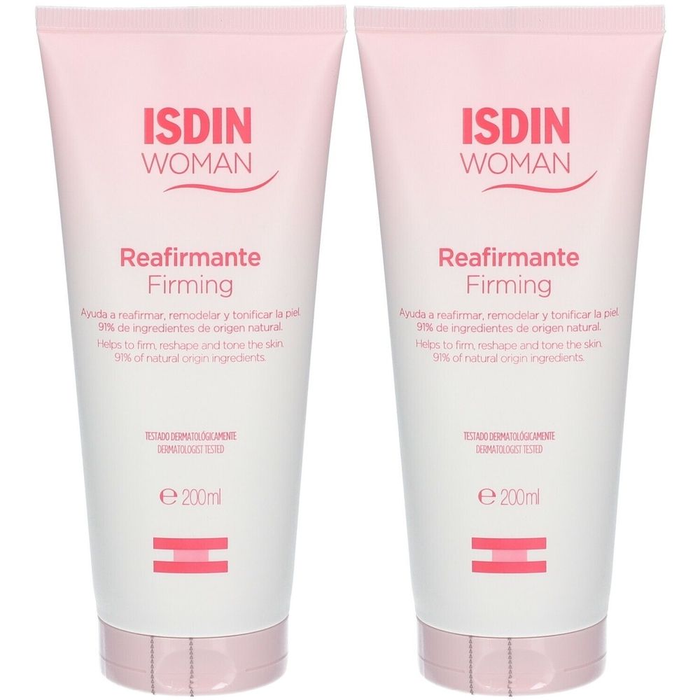Deux tubes de ISDIN WOMAN Reafirmante Firming. Design rose et blanc. Texte et logo sur le devant. 200ml.