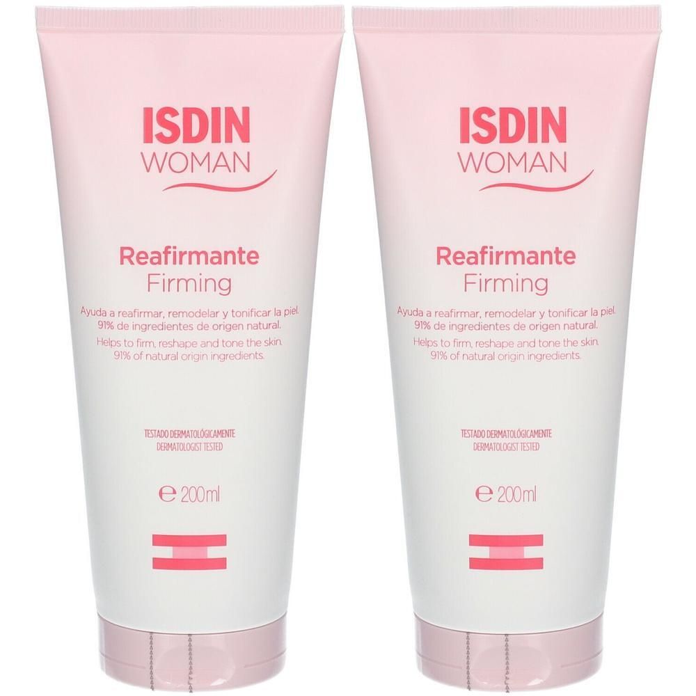 Deux tubes de ISDIN WOMAN Reafirmante Firming. Design rose et blanc. Texte et logo sur le devant. 200ml.