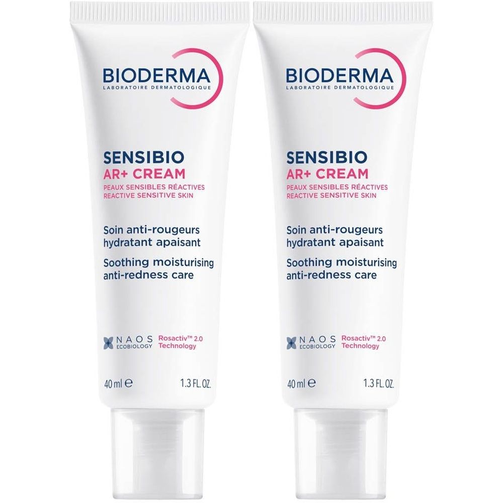 Deux tubes de Bioderma Sensibio AR+ Cream. Blanc, texte rouge et bleu. 40ml, 1.3 FL.OZ. Technologie NAOS Rosactiv 2.0.