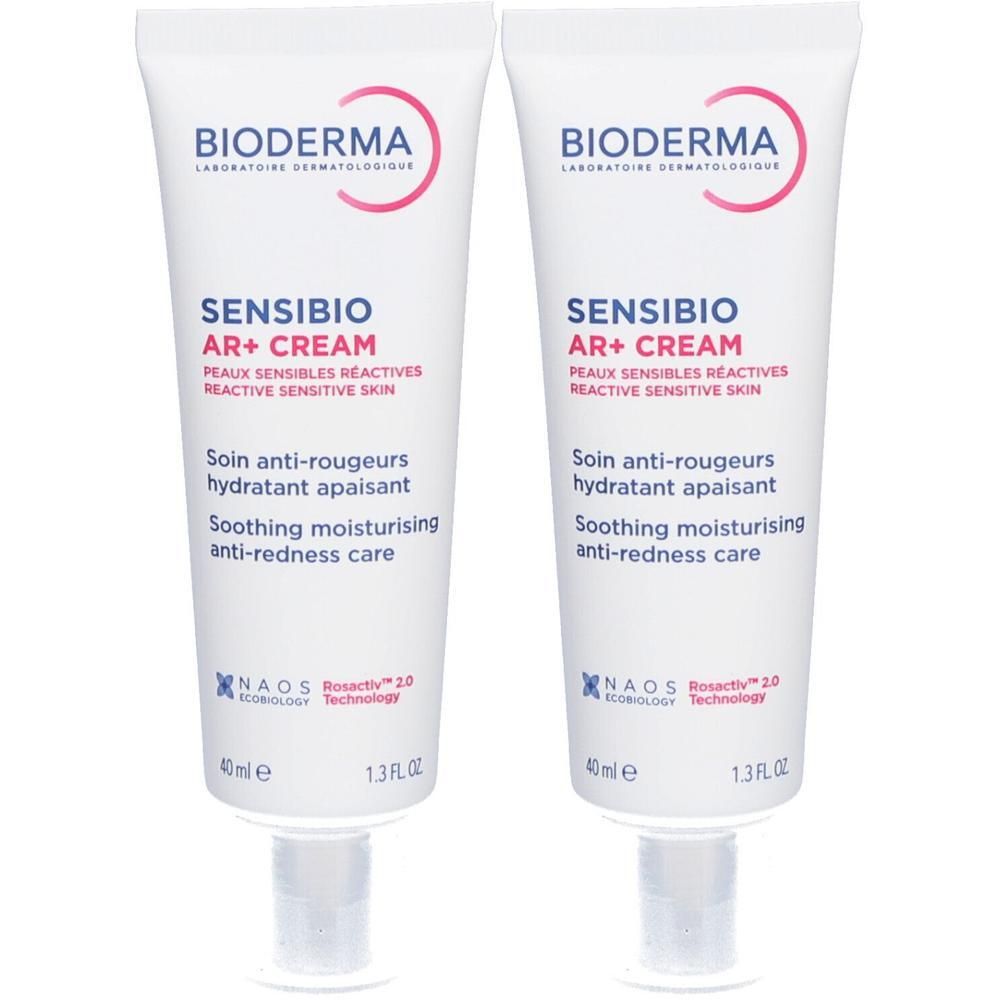Deux tubes de Bioderma Sensibio AR+ Cream. Blanc, texte rouge et bleu. 40ml, 1.3 FL.OZ. Technologie NAOS Rosactiv 2.0.