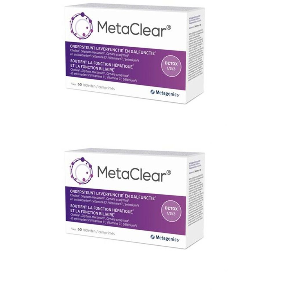 Deux boîtes MetaClear. Emballage blanc avec accents violets. Texte: MetaClear, soutient la fonction hépatique, Detox 1/2/3, 60 comprimés.